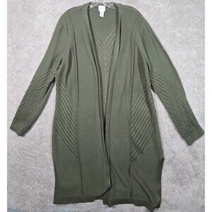 Chico's 3 Long Cardigan Duster Sweater Open Front Olive Green Lightweight sz XL